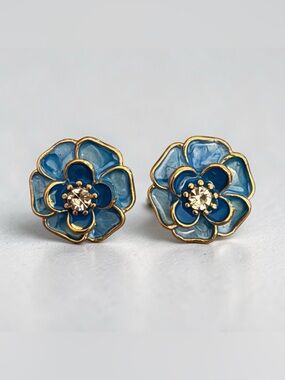 Blue Floral Crystal Center Stud Earrings - Unbranded